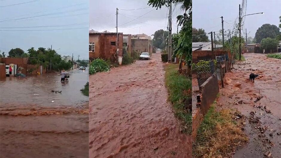 Ruas ficam totalmente alagadas durante e após chuvas fortes