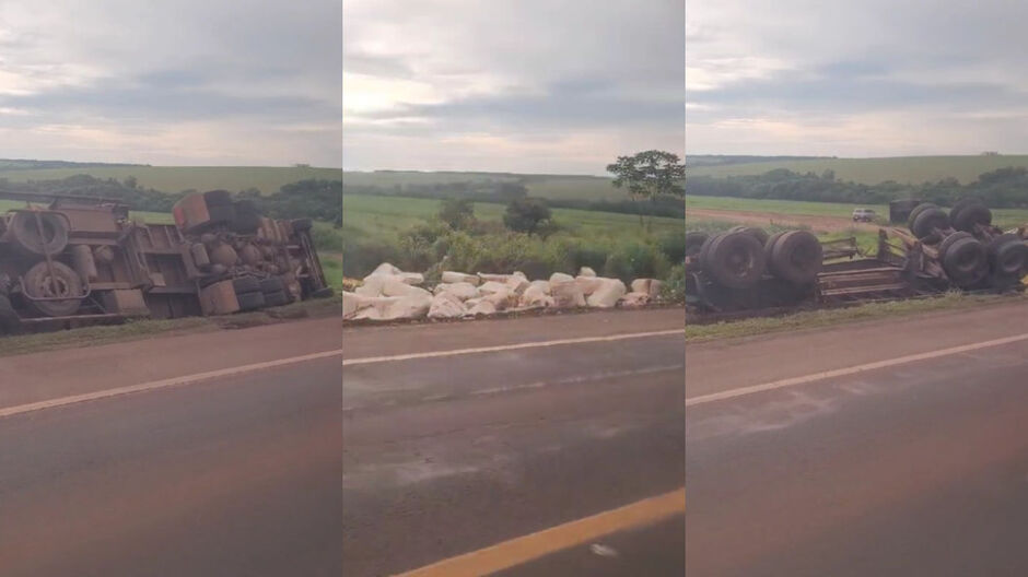 Carreta carregada de algodão tomba em rodovia entre São Gabriel do Oeste e Bandeirantes