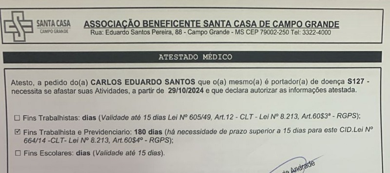 Cadu segue em estado grave na Santa Casa 