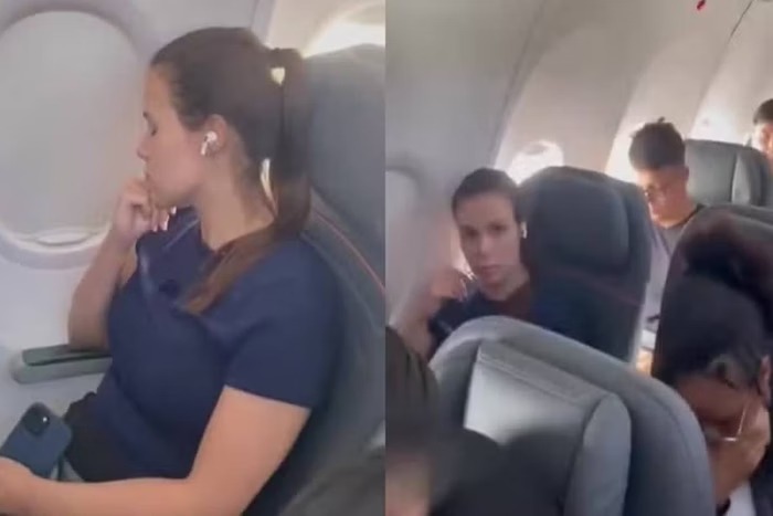 Na gravação, a mulher critica a jovem  por se recusar a trocar de lugar com seu filho