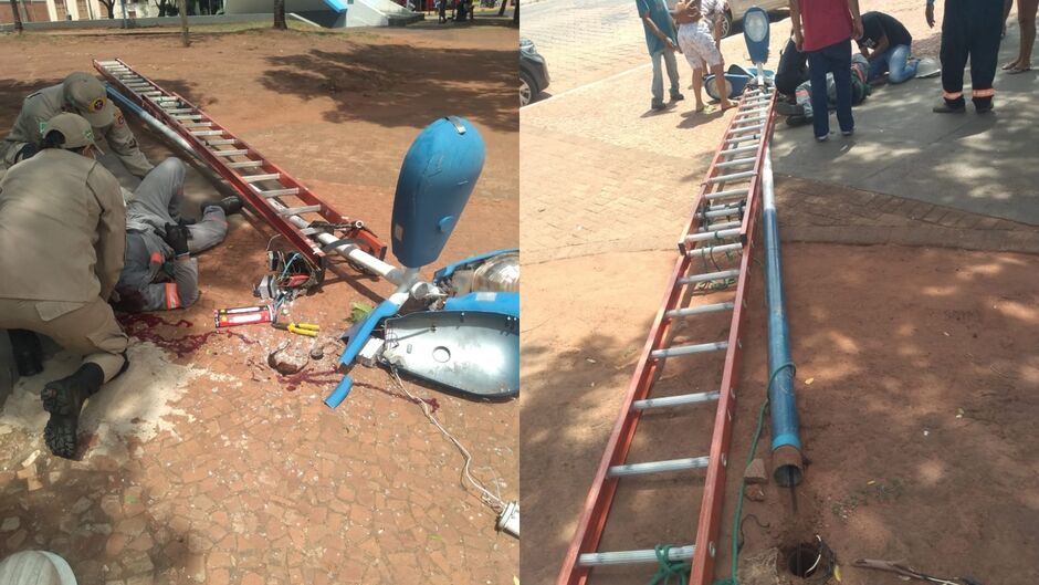 A queda aconteceu depois que o poste quebrou, fazendo com que ele despencasse