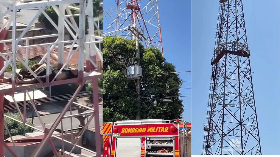 Homem foi socorrido pelos bombeiros no alto da torre