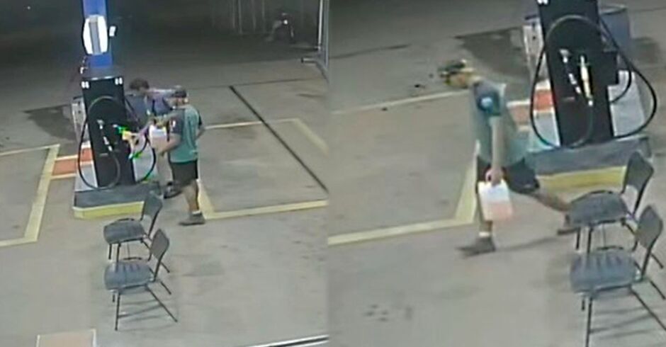 João deixando o posto de gasolina no dia do assassinato da esposa e filha em Campo Grande 