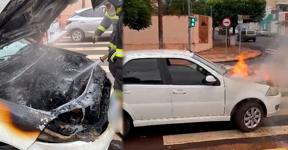 O motorista seguia com uma passageira quando o carro começou a pegar fogo