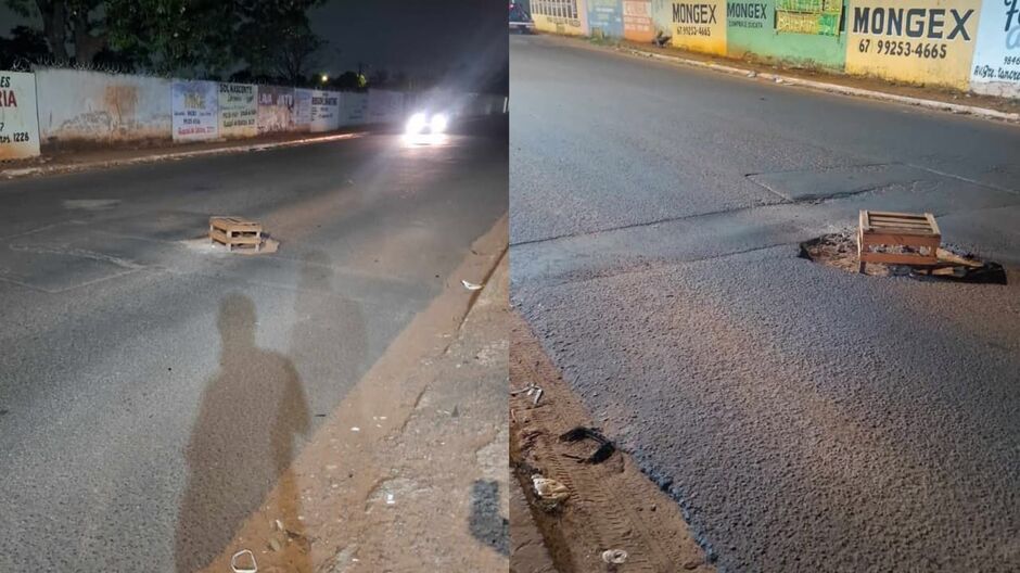 Buraco com caixote derrubou pelo menos dois motociclistas