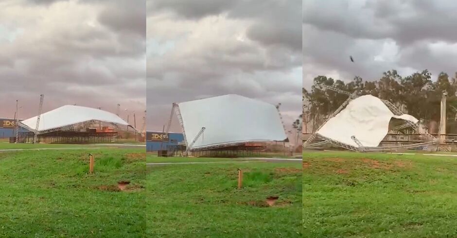 Vento forte arrancou cobertura do palco principal no Parque de Exposições