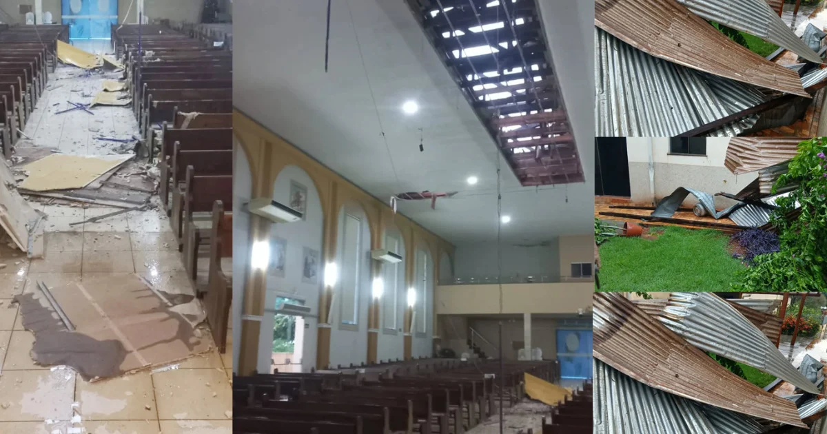 Ventos fortes danificam Igreja Matriz e Paróquia de Fátima do Sul altera horários e locais de missas