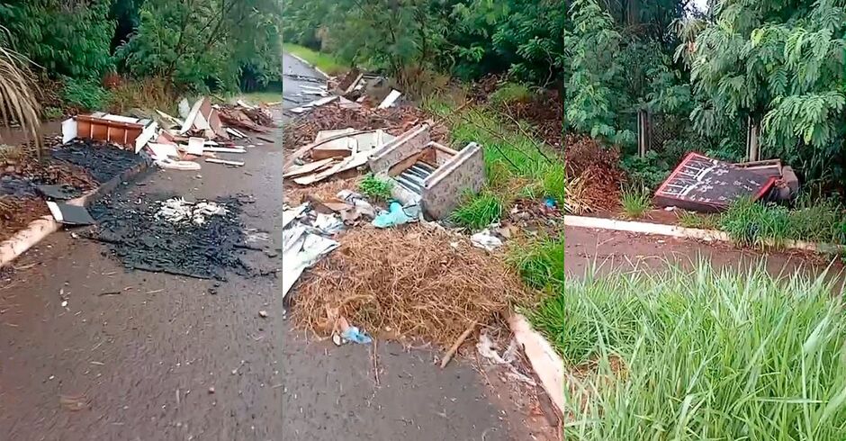 O lixo jogado invade a cal&ccedil;ada e parte da avenida 