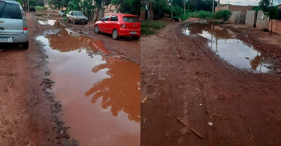 A &aacute;gua acumulada ocupa quase toda a extens&atilde;o da rua no bairro Aguadinha 