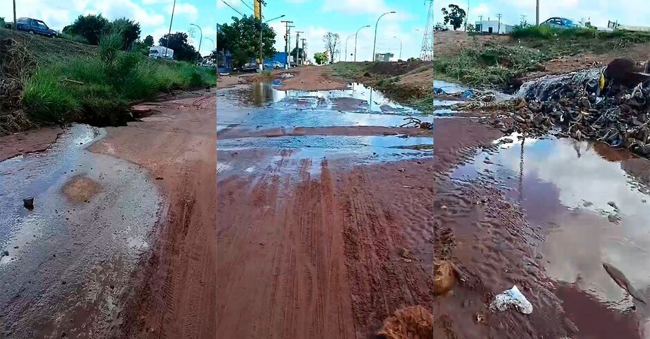 Cratera e vazamento de &aacute;gua na   Avenida Ministro Jo&atilde;o Arinos est&aacute; causando transtornos para quem precisa passar pelo local 