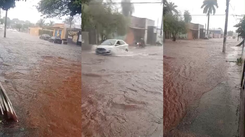 A enxurrada formou um verdadeiro rio na rua 