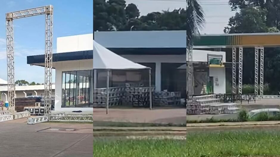 Estruturas sendo montadas em posto de gasolina na Avenida Duque de Caxias