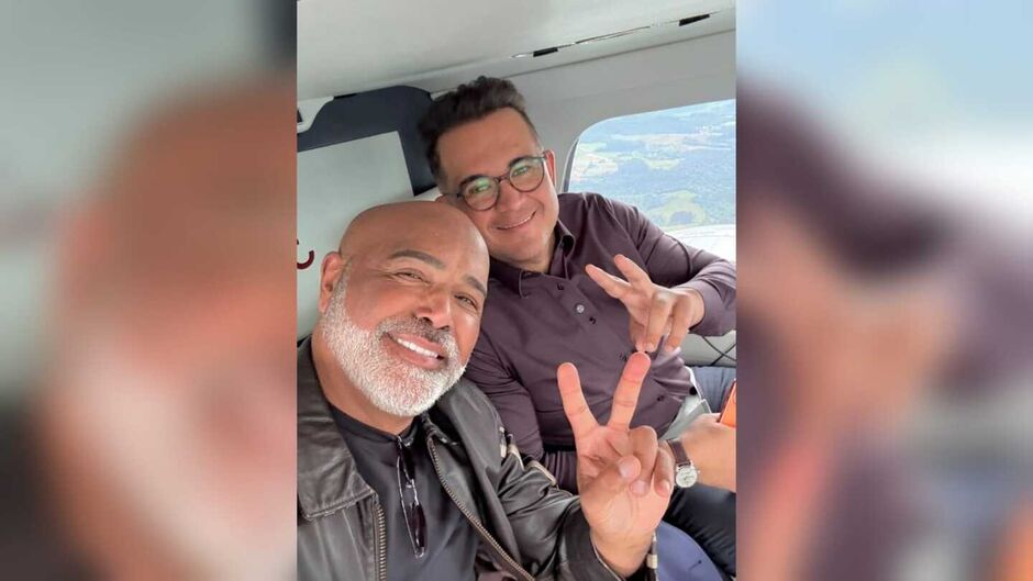 Rick Sollo e Bruno Avelar antes da queda de helic&oacute;ptero em Santa Catarina
