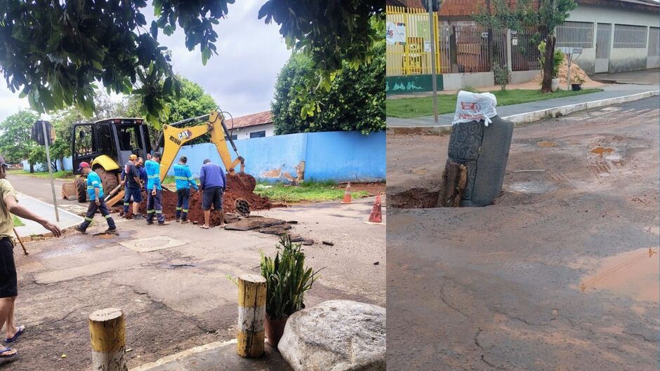 Equipe foi ao local consertar ap&oacute;s den&uacute;ncia do TopM&iacute;diaNews, mas horas depois uma nova cratera se abriu com o temporal de quinta-feira (15)
