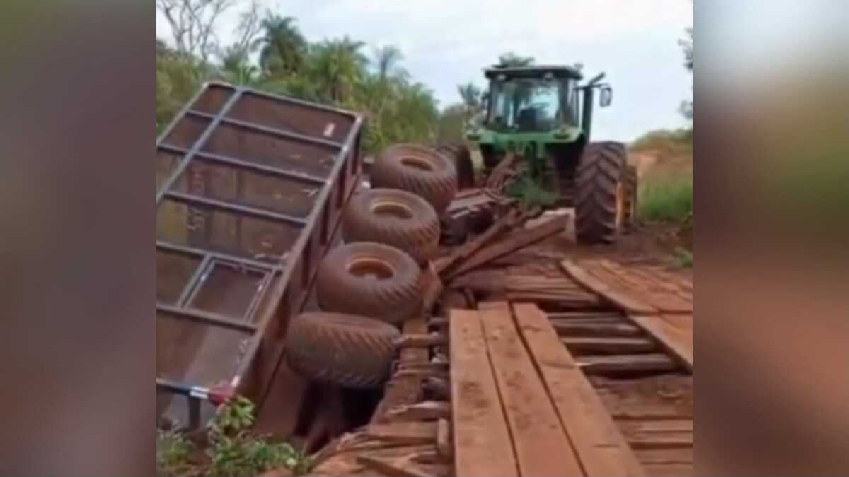Trator de transbordo cai em córrego ao ponte ceder em Nova Alvorada do Sul (vídeo)