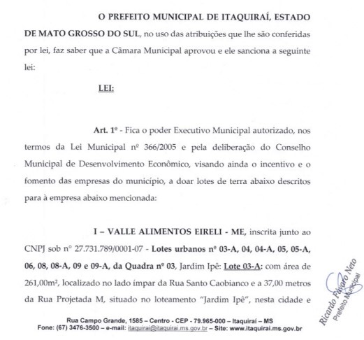 Lei doação área do município para família Tomazelli em Itaquiraí