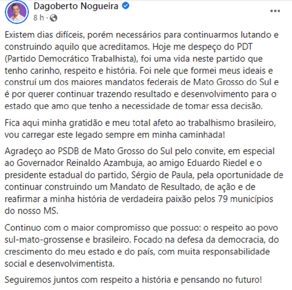 Nas redes sociais deputado agradeceu período em que esteve no PDT