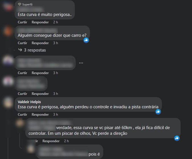 Na mesma publicação, outros internautas começaram a ressaltar a periculosidade da curva onde ocorreu a colisão. 