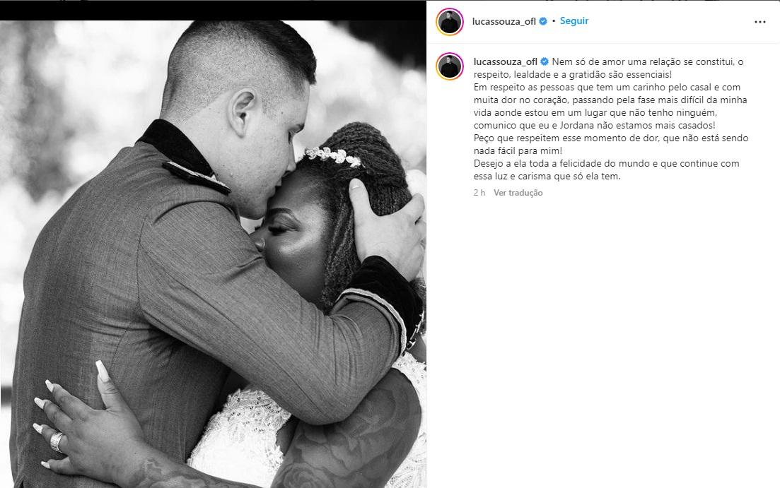 Lucas Souza fez postagem anunciando separação de Jojo Todynho hoje de manhã